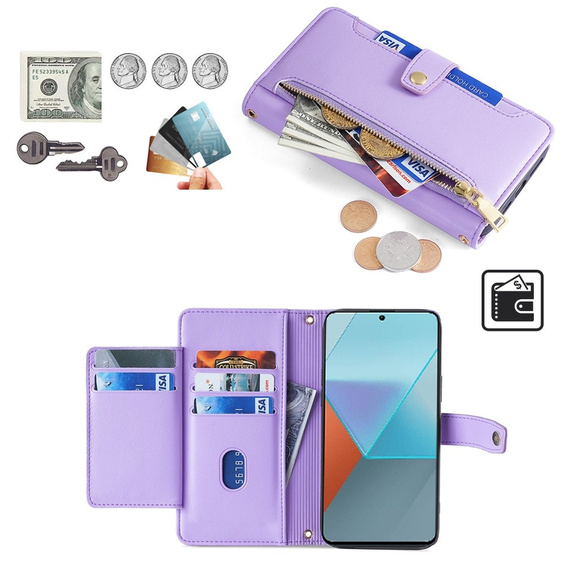 Flip case for Xiaomi Redmi Note 13 Pro 5G, Wallet Zipper Pocket, purple
