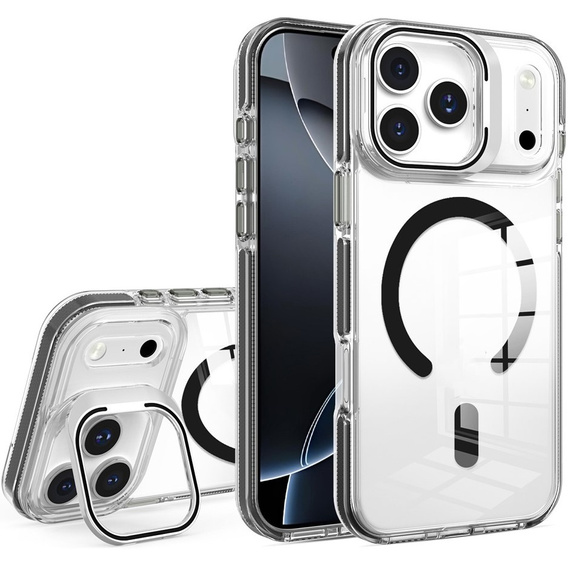 Case for iPhone 17 Pro Max, for MagSafe, with stand, transparent with black inserts