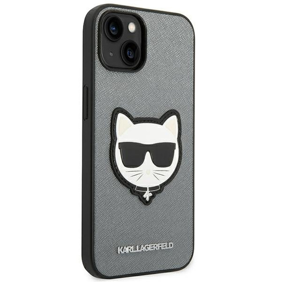 Karl Lagerfeld Case for iPhone 14, Saffiano Choupette Head Patch, silver