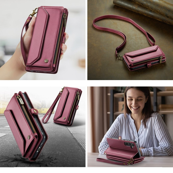 Case CASEME for Samsung Galaxy A55 5G, RFID Leather Wallet, with shoulder strap, red