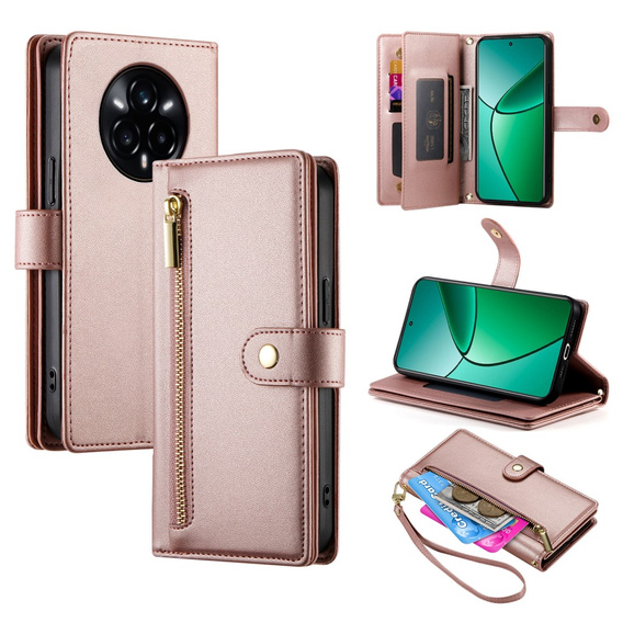 Flip case for Realme 14 Pro 5G, Wallet Zipper Pocket, pink