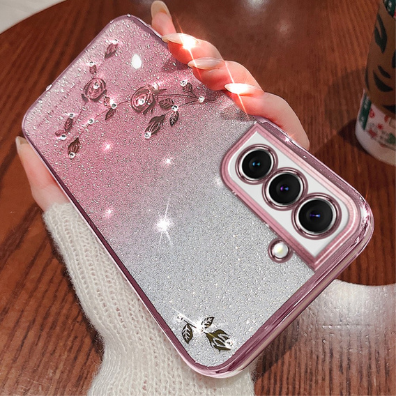 Case for Samsung Galaxy S22, Glitter Flower, pink rose gold