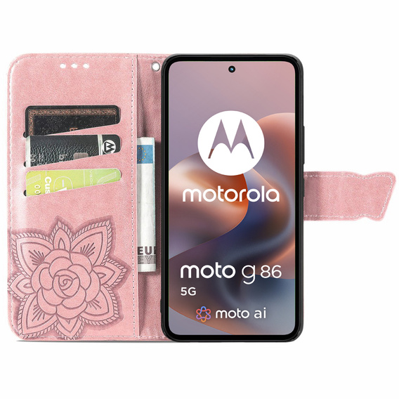 Flip case for Motorola Moto G86 5G, Butterfly, pink rose gold