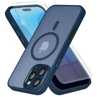 Case for iPhone 16 Pro, for MagSafe, ERBORD Matt Case, dark blue + Screen Glass