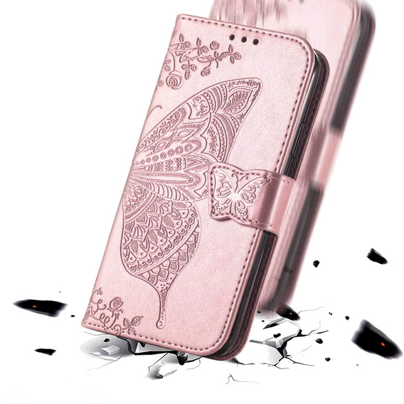 Flap case for Oppo Reno 14F, wallet, Butterfly, rose gold