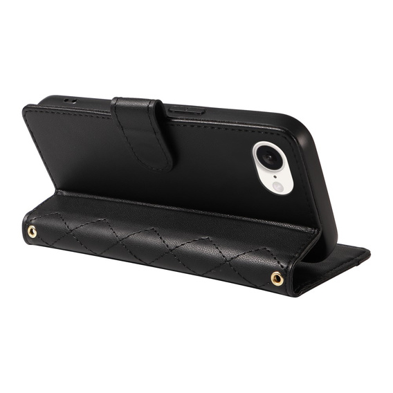 Flip case for iPhone 16E, Rhombus Crossbody Leather, black