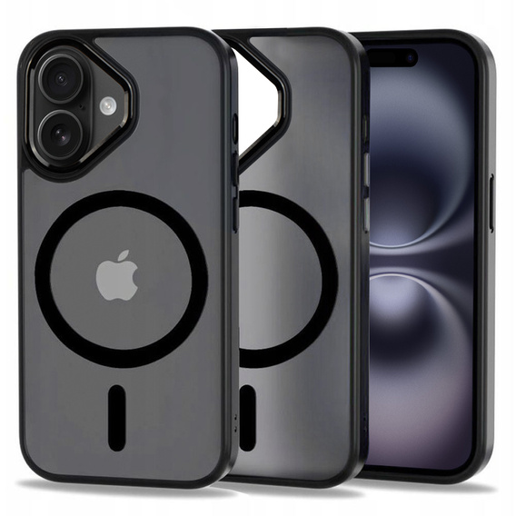 Case for iPhone 16 Plus, for MagSafe, ERBORD Matt Case, transparent / black + Screen Glass
