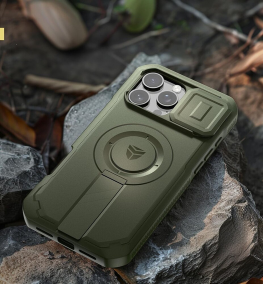 Armored case for iPhone 16 Pro Max, Dexnor CamProtect MagSafe, green (Two frames)