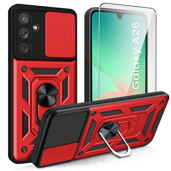 Armored Case for Samsung Galaxy A26, CamShield Slide, red + Tempered Glass 9H