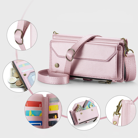 Case CASEME for Samsung Galaxy S25 FE, RFID Leather Wallet, with shoulder strap, pink