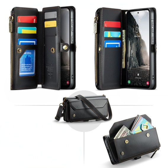 Case CASEME for Samsung Galaxy A56 5G, RFID Leather Wallet, with shoulder strap, black