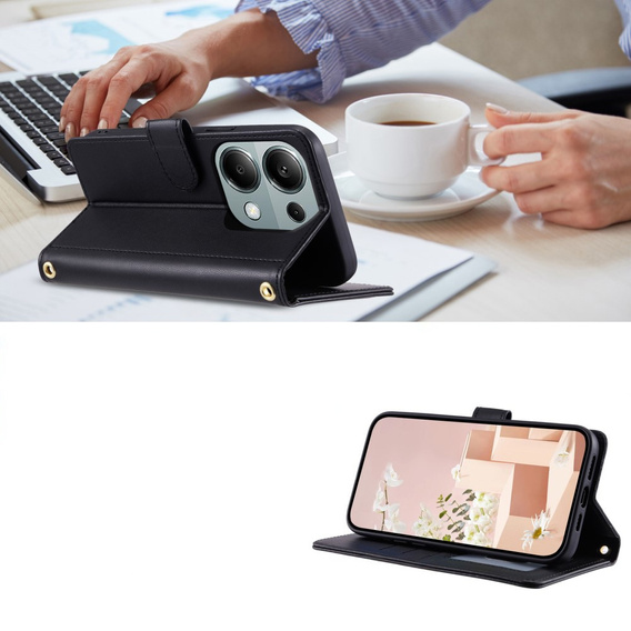 Flip case for Xiaomi Redmi Note 13 Pro 4G / Xiaomi Redmi Note 14S / Xiaomi Poco M6 Pro 4G, Rhombus Crossbody Leather, black