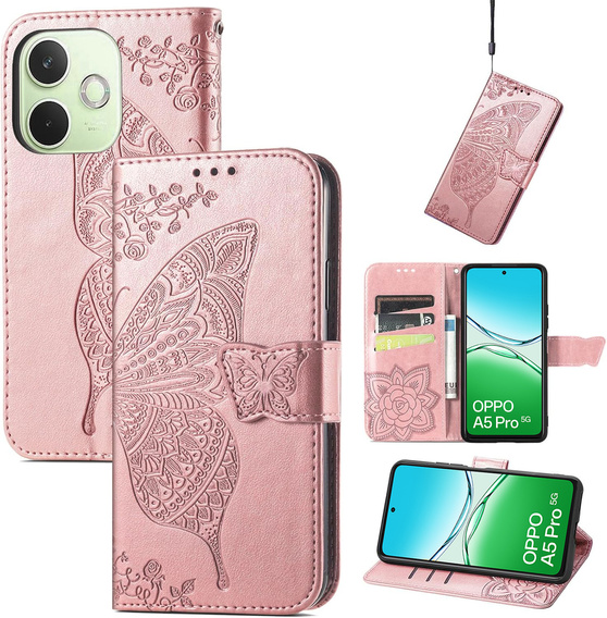 Flip case for Oppo A5 Pro 5G, Butterfly, pink rose gold