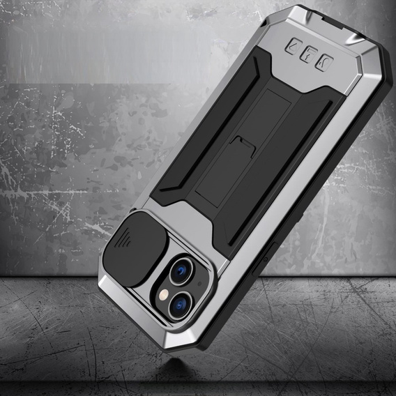 Case for iPhone 14 Plus, R-JUST CamShield Slide, armoured, silver / black