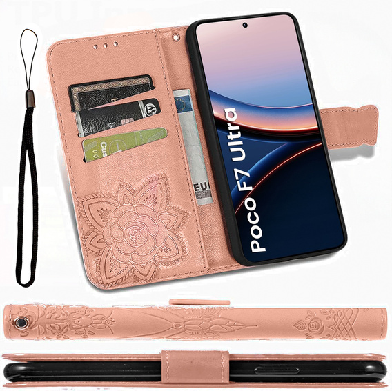 Flip case for Xiaomi Poco F7 Ultra, Butterfly, pink rose gold