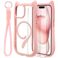 Case for iPhone 15, for MagSafe, Cute Cat, pink + Screen Glass