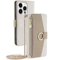 Flip case for iPhone 14 Pro, Wallet Zipper Pocket, with mirror, white