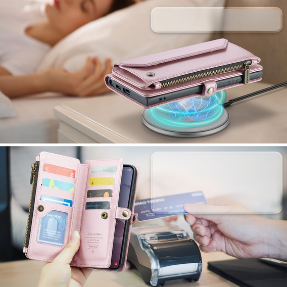 Case CASEME for Samsung Galaxy S24 FE, RFID Leather Wallet, with shoulder strap, pink