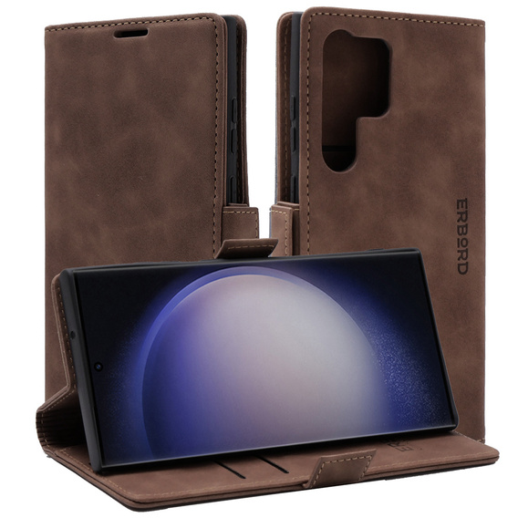 Case for Samsung Galaxy S23 Ultra, ERBORD Vintage, wallet with flap, coffee