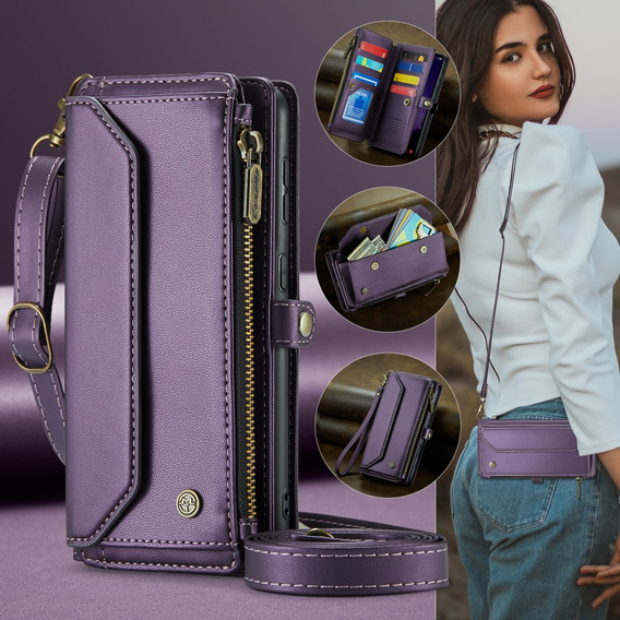 Case CASEME for Samsung Galaxy S24 FE, RFID Leather Wallet, with shoulder strap, purple