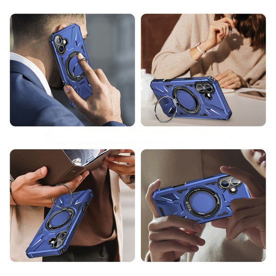 Case for iPhone 16, armored with stand and handle plate, blue