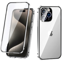 Case for iPhone 15 Pro Max, Magnetic Dual Glass, silver