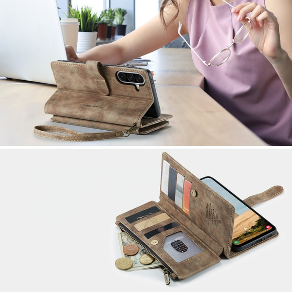 CASEME case for Samsung Galaxy A56 5G, Leather Wallet Cash and Card Slots, with strap, brown
