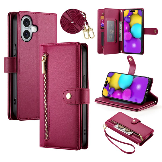 Flip case for iPhone 16 Plus, Wallet Zipper Pocket, red