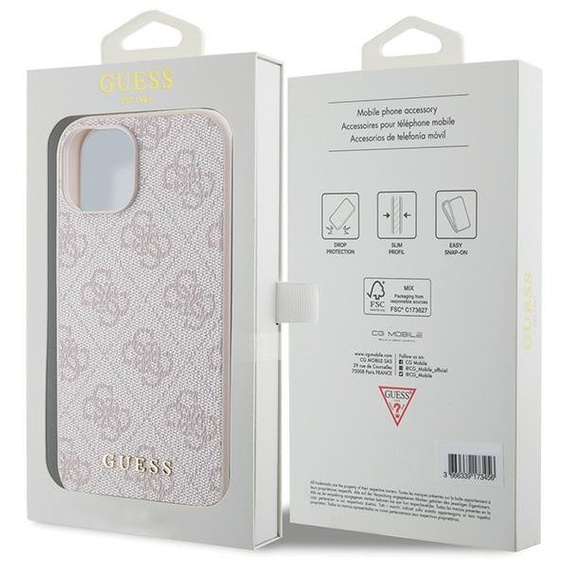GUESS Case for iPhone 15, 4G Metal Gold Logo, pink