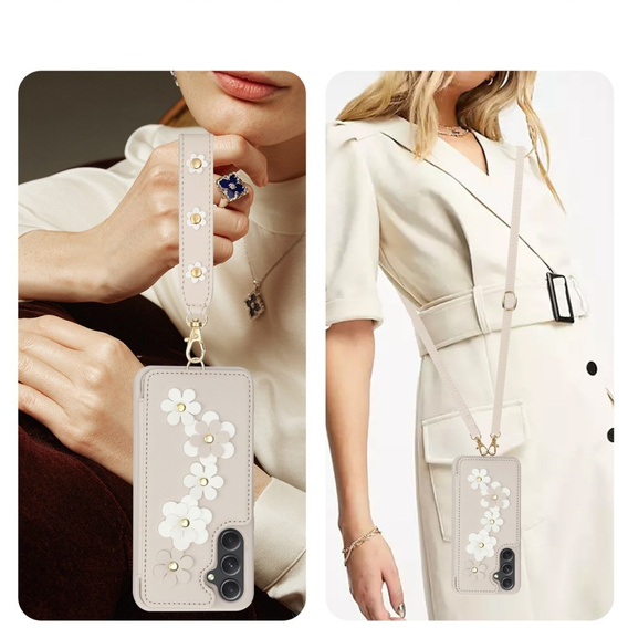 Case for Samsung Galaxy A55 5G, Leather Flower Card Slot, beige