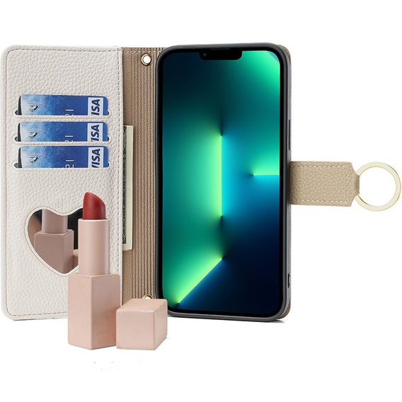 Flip case for iPhone 15, Wallet Zipper Pocket, with mirror, white
