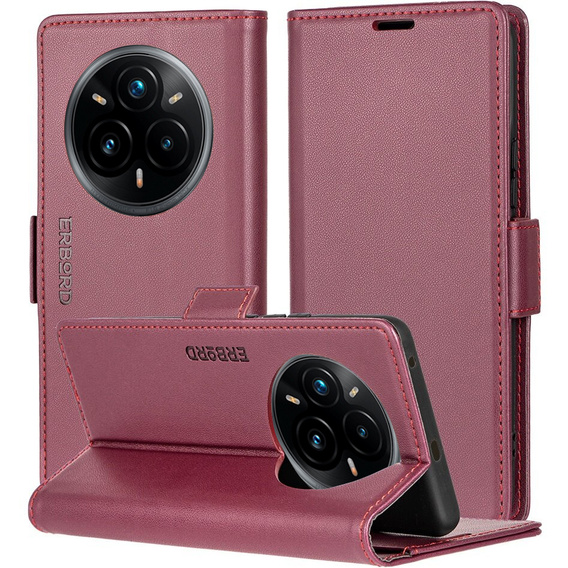 Case for Realme 14 Pro+ 5G, ERBORD Glossy Litchi, wallet with flap, red