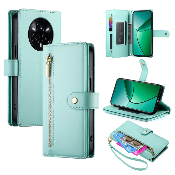 Flip case for Realme 14 Pro 5G, Wallet Zipper Pocket, mint