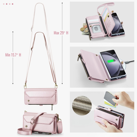 Case CASEME for Samsung Galaxy Z Fold6 5G, RFID Leather Wallet, with shoulder strap, pink