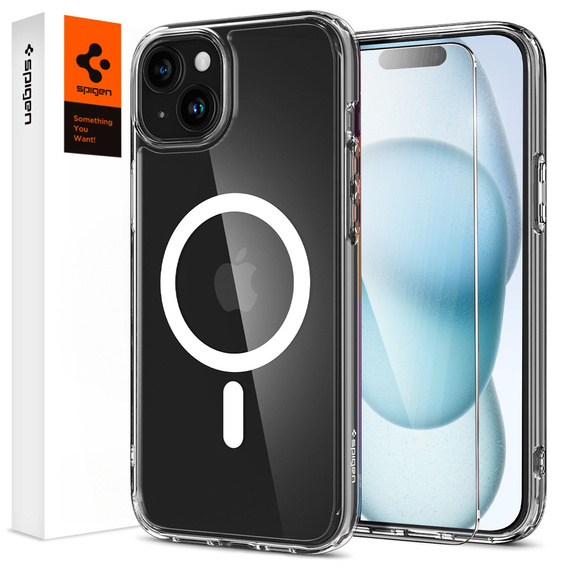 Spigen MagSafe Case for iPhone 15, Ultra Hybrid, transparent / white + 9H Tempered Glass