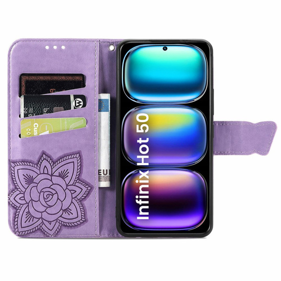 Flip case for Infinix Hot 50 4G, Butterfly, purple