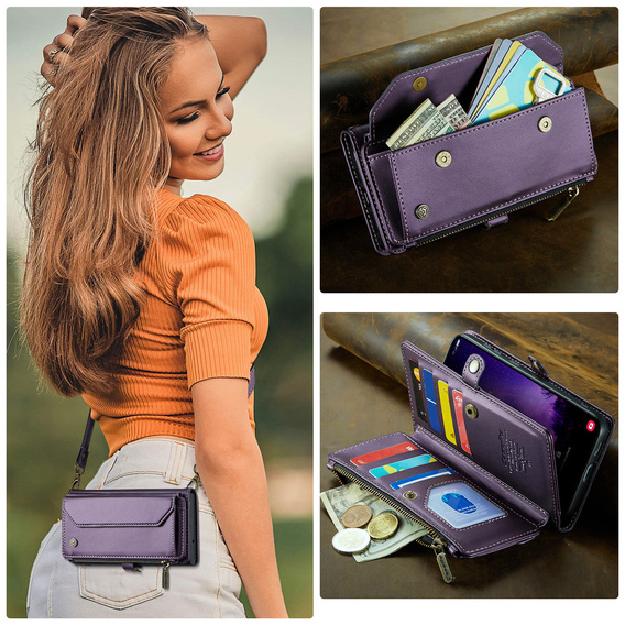 Case CASEME for Samsung Galaxy S25 FE, RFID Leather Wallet, with shoulder strap, purple