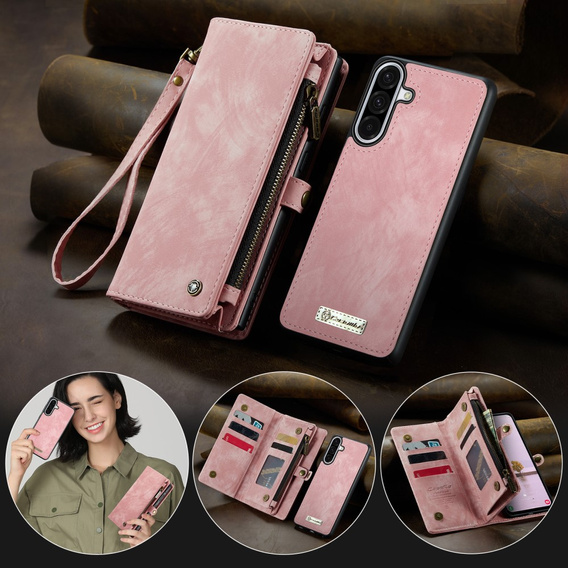 CASEME case for Samsung Galaxy A56 5G, Retro Leather Wallet, with strap, pink