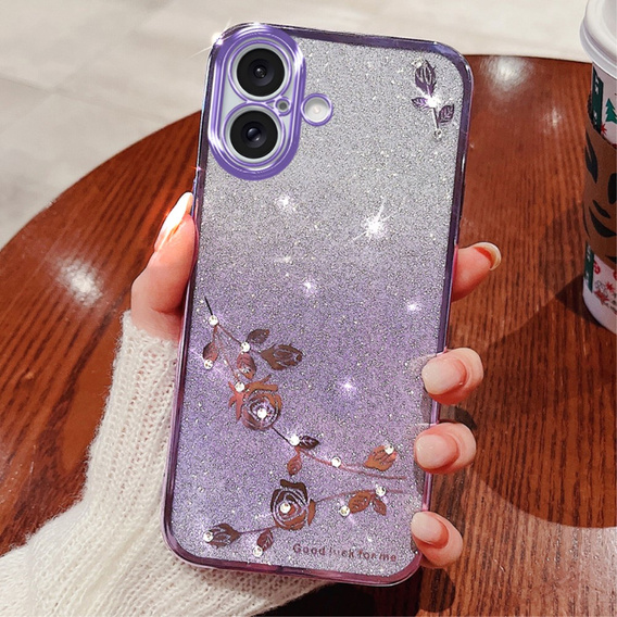 Case for iPhone 16, Glitter Flower, purple