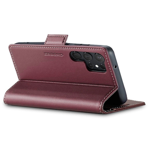 Case for Samsung Galaxy S25 Ultra, ERBORD Glossy Litchi, wallet with flap, red