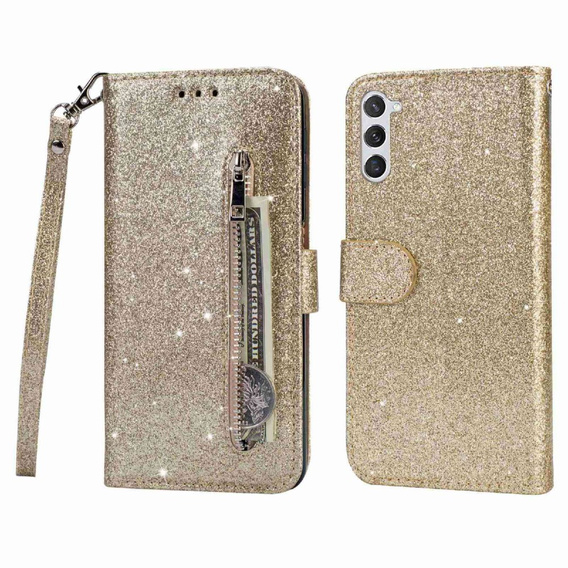 Flip case for Samsung Galaxy S24, Wallet Zipper Pocket Glittery, gold