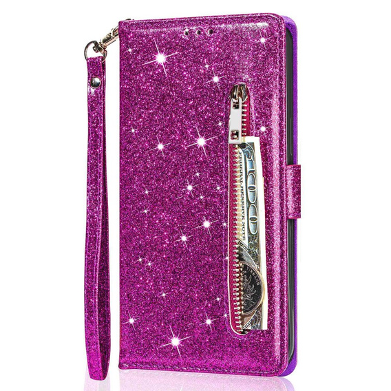 Flip case for Samsung Galaxy S24 Ultra, Wallet Zipper Pocket Glittery, purple