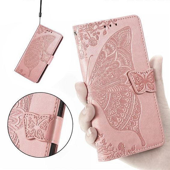 Flip case for Realme 14X / Realme C75, Butterfly, pink rose gold
