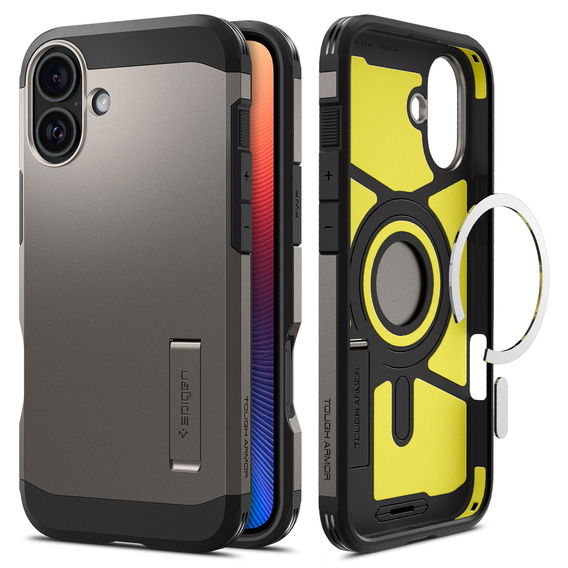 Spigen case for iPhone 16, Tough Armor Mag MagSafe, grey + 9H Tempered Glass