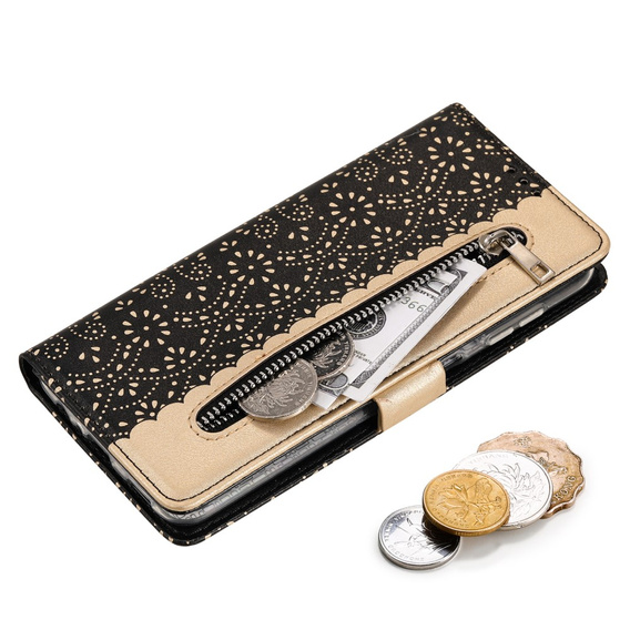 Flip case for Samsung Galaxy A25 5G, Wallet Pocket Zipper Lace, black