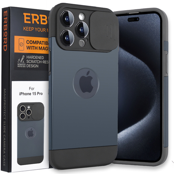 Case for iPhone 15 Pro, ERBORD MagProtect Slide Camera, titanium blue