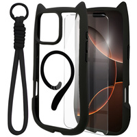 Case for iPhone 16 Pro, for MagSafe, Cute Cat, black + Screen Glass