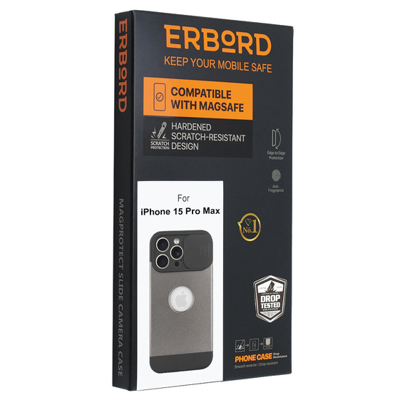 Case for iPhone 15 Pro Max, ERBORD MagProtect Slide Camera, titanium grey