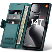 Case for Xiaomi 14T, ERBORD Glossy Litchi, wallet with flap, green