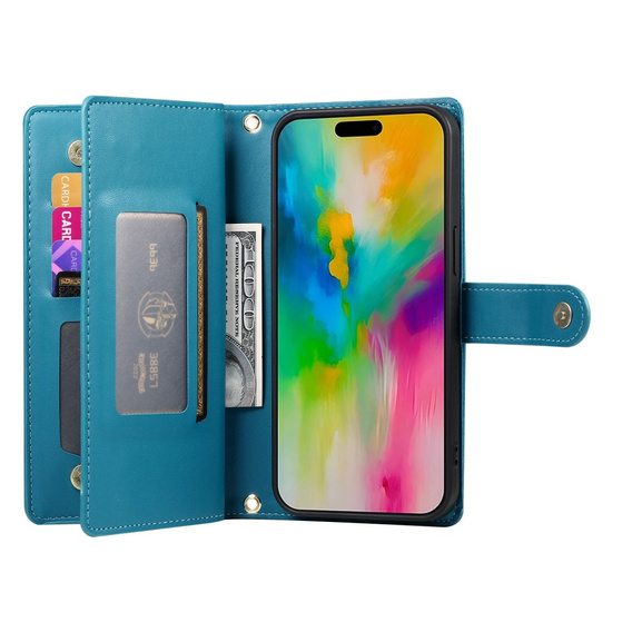 Flip case for iPhone 16 Pro Max, Wallet Zipper Pocket, blue